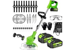 OUMEIU Cordless Strimmer, 15cm Cutting Width, Electric 21V Grass Trimmers with x 4.0Ah Batteries& Fast Charge& Metal Blade, Garden Strimmer Grass Strimmer for Clearing Weeds Flower Lawn Trees