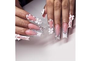 GlamRays 24 sztuki, długie sztuczne paznokcie z białą kokardką 3D, kwiaty, kamienie strasu, białe francuskie paznokcie, sztuczne paznokcie, akryl