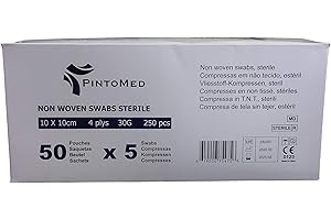 PintoMed Compresses en Non Tissé, Stériles - 10 cm x 10 cm, Paquet de 250 Unités. 50 Sachets de 5 Compresses