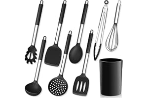 Herogo Lot de 9 ustensiles de cuisine en silicone avec porte-ustensiles, avec poignée en acier inoxydable, résistants à la chaleur et anti-adhésifs Noir
