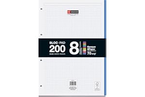 Miquelrius - Bloc de recambio encolado, 200 hojas cuadriculadas 5x5 mm, Papel opaco 90 g/m², Recambio hojas A4 perforadas para carpeta de anillas o archivadores, Material escolar, 8 colores de hojas
