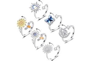 FUNEIA Ensemble de Bagues Anti Stress Réglables pour Femmes et Filles, Bagues Argent Antistress à faire Tourner pour Soulager l'Anxiété Motifs pour Adultes