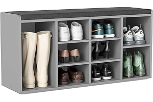 Blisswood Shoe Storage Bench with Padded Seat, Hallway Shoe Organiser with 9 Open Compartments & Adjustable Shelves, Storage Cabinet with Cushion for Living Room, Entryway & Bedroom (Grey)