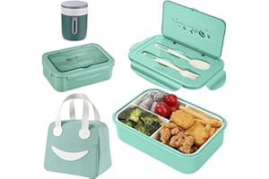 Haoh Lunch Box Kit - 1400 ML Ermetica Porta Pranzo da Ufficio + Tazza Termica+ Borsa Porta Pranzo, Bento Box Microonde con 3 Scomparti e Posate, Scatole Bento per Adulti(Verde chiaro)