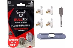 Bullfix Plasterboard Fixing Repair Kit 4 Pack – Repairs Failed Fixings in Drywall with Heavy Duty Anchor, Wall Plug Alternative for Dot & Dab, Stud & Hollow Wall, Includes Screws & Repair Drill Guide