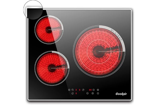 Cooksir Table de Cuisson Vitrocéramique 3 Feux, 5700W, Plaque électrique Encastrable 60CM, Plaque Vitrocéramique 3 Foyers avec Cadre en Bord Inox, Zone à Triple Anneau, Minuterie, Pas de Prise, 240V