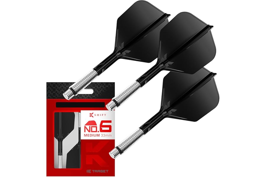 Target Darts K-Shift No.6 Integrated Flights & Shafts | K Shift No.6 Flight & Shaft System, White/Clear/Black – K-Flex Short/Intermediate/Medium Shift Spin Base, Professional Dart Accessories