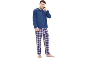 iceBoo Mens Fleece Pyjamas Set V-Neck Long Sleeve Top & Checked Plaid Bottom suit with Side Pockets