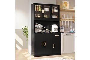 VOWNER Aparador Cocina, Armario Cocina, Mueble Auxiliar de Cocina/Buffet/Almacenaje, Vitrinas para Salon, Alacena de Cocina Aparador, 100L x 40W x 181H cm, 4 Baldas Ajustables (Negro)
