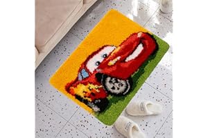 VIONNPPT Cartoon Auto Muster Knüpfteppich Zum Selber Knüpfen Knüpfset, Latch Hook Kit Selbst Teppich Set, 3D Kreatives Geschenk Tapisserie Für Erwachsene Kinder (Car,60cmx40cm)