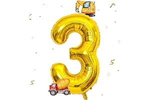 DazzJoy Bagger Luftballon 3. Geburtstag, 40 Zoll Gold Zahlenballon 3 mit Bagger Folienballon, Bagger Geburtstag Deko 3 Jahre Junge, Bagger Deko Zahlen 3 Ballon, Baustellen Party Kindergeburtstag Deko