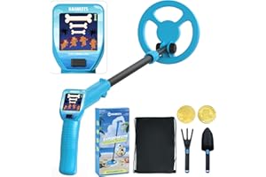 KAIWEETS 2025 Metal Detector with Animated Colour LCD, Blue Adjustable Stem, Lightweight Treasure Hunting Kit with Backpack, Shovel, Rake & Bonus Coins – Great Birthday