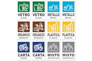 Longivia® 12 Adesivi Raccolta Differenziata GRANDI XL - Formato 21cm x 15cm - Etichette per Contenitori Rifiuti in Italiano e Inglese - Adesivo per Riciclo Lavabile Antigraffio Resistente