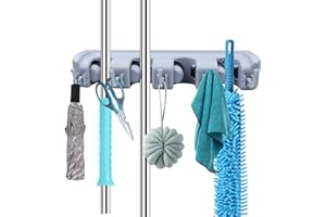 Adhafera Broom Holder Wall Mounted, Mop Holder Tidy Organizer, Mop and Broom Holder, Utility Room Storage Solutions, Brush Holder with 4 Positions and 5 Hooks, for Garage Garden Kitchen Tools Storage