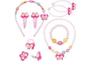 Prasacco Kids Jewellery Sets for Girls, Necklace Bracelet Ring Clip-on Earrings Hair Clips Set, Kids' Costume Jewelry Party Favors Dress up Pretend Play Gift for Little Girls