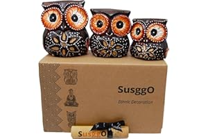 SusggO Set de 3 Buhos de Madera, Decoracion, Tallado a Mano, Buho de la Suerte, Idea Artesania Adorno Mueble (Marron Chocolate Flor MCF)