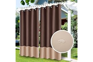 LiveGo Outdoor Patio Curtain, Blackout Waterproof Curtain, Thermal Insulated Outdoor Garden Curtain for Porch/Pergola/Yard/Sliding Door (coffee+beige, 2 Panels, 52" W x 108" L)
