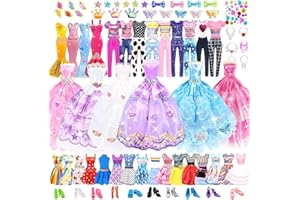 VLUSSO 75pezzi Vestiti e Accessori per Bambole Dolls 11,5 Pollici Bambole Playset tra cui 2 Abito da bambola principessa 1 Vestiti di moda 2 Abito da festa 8 mini abiti 3 top e pantaloni 10 scarpe 6 collane