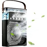 Air Freshener Humidifier Fan, Small Portable Air Conditioner 4 in 1. 3 Speeds, 3 Modes, 1-3h Timer, Quiet, LED Light 7 Colors