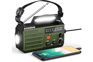 Ainostone Kurbelradio 5000mAh Solar Radio mit AM/FM Handyladefunktion Wiederaufladbar Notfallradio mit 3 Modi LED Taschenlampe Leselampe SOS Alarm Kompass für Notfall Camping Outdoor Stromausfall