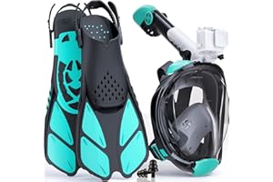 Lealinga Snorkel Set Adults Full Face Snorkel Mask with Flippers, Snorkeling Mask & Swim Fins, Panoramic View Snorkel Mask Fins Anti-Fog Anti-Leak Foldable Design with Carrying Bag