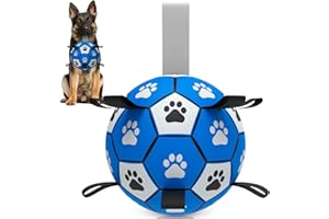 RUCACIO Dog Balls for Large Dogs, Durable Dog Soccer Ball Football Toy with Straps, Interactive Dog Toys for Tug of War, Puppy Dog Christmas Birthday Gifts (Blue)