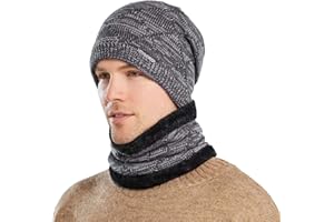 Bequemer Laden Mens Winter Beanie Hats Scarf Set Warm Knit Skull Cap Neck Warmer with Fleece Lined Winter Hat Gifts for Women Men