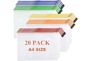 MUXHEL 20PCS A4 Zip Wallets, A4 Zip Folder Colorful Plastic Zip Wallets, a4 Zipped Wallet Mesh Document Wallet for School Office Homework Travel Storage Bag