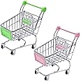 Mini Shopping cart, Yeelua 2PCS Mini Trolley, Mini Shopping Trolley, Toy Shopping Cart, Miniature Shopping Cart, Mini Storage Baskets for Doll Desktop Decor Make Up Holder Rack Storage(Pink & Green)