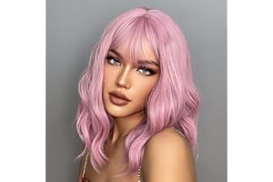 Pretfy Pink Wigs, Short Pink Wavy Curly Wig for Women, 12" Curly Wavy Pink Bob Wig With Air Bangs Fringe Shoulder Length Wig Party Cosplay Fancy Dress Wigs