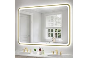 S'bagno Espejo Baño con Luz Rectangular 100x70 cm, Espejos de Baño con LED y Marco de Aluminio, Antivaho, 3000K-6500K, Regulable, Cristal Templado HD, Función de Memoria, IP44, Dorado