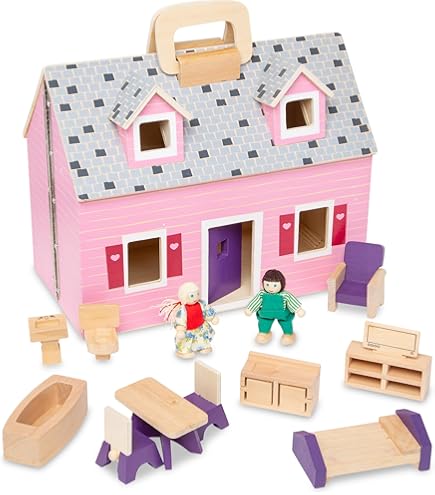 Melissa & Doug Fold & Go Wooden Princess Castle - Pink Dollhouse With Figures, Horses & Furniture, Portable Pretend Play For Kids 3-7