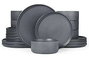 Richmount Star Plates and Bowls Set, 18 Pieces Dinner Sets for 6 People, Stoneware Dinnerware Sets with Dinner Plates/Salad Plate/Cereal Bowls, Dishwasher & Microwave Safe, Matte DarkCharcoal