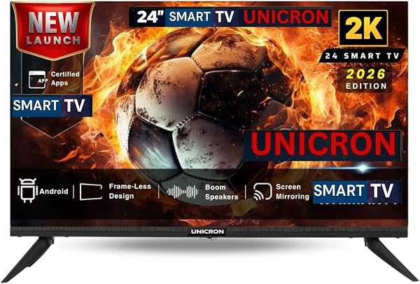 UNICRON 24”INCH Frameless HD Ready Android Smart LED TV | WiFi Enabled | Built-in Apps Compatible (YouTube, Netflix, Prime Video) | HDMI, USB Connectivity | Sli