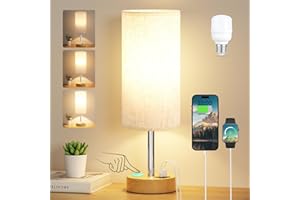 Aooshine Bedside Lamps, Table Lamp for Living Room Bedroom, Touch Lamps Bedside with USB A+C Charging Ports, Dimmable Small Lamp with Fabric Shade for Kids Room, Study, Dorm, Office(Bulb Included)