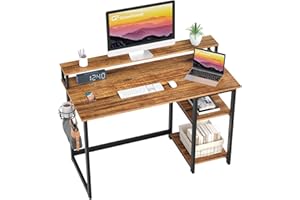 GreenForest Escritorio de computadora, con Soporte de Pantalla Completa y Estante de Almacenamiento Reversible, Escritorio doméstico de 120cm, Ganchos para Auriculares y portavasos,marrón