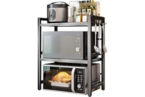 Haipky 3-Tier Expandable Microwave Oven Rack with 6 Hooks, Adjustable Metal Kitchen Shelf Stand for Countertop, Black Baker Rack Organizer