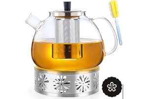 BBWELL Tetera de cristal,Tetera Infusiones,Teteras de vidrio con infusor,1.5 L,Hervidor Transparente,con Filtro de té,Cepillo para Teteras,Posavasos,Resistente al Calor y al Microondas