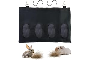 JRSHIRLEYLTD Kaninchen Heutasche,Heu-Futterbeutel,Kleintiere Heutasche,hängende Fütterung Heu mit 4 Fenster für kleine Haustiere, schwarz, mit 2 Stück S-Haken