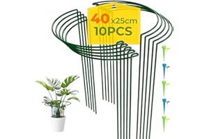 LyTaispuly 10 Pack Metal Garden Plant Support Stakes,40cm High Heavy Duty Half Round Indoor&Outdoor Hydrangea Ring Cage Tall, Bow Type Flower Hoops with 5 Self Watering Spikes for Peony Rose Tomato