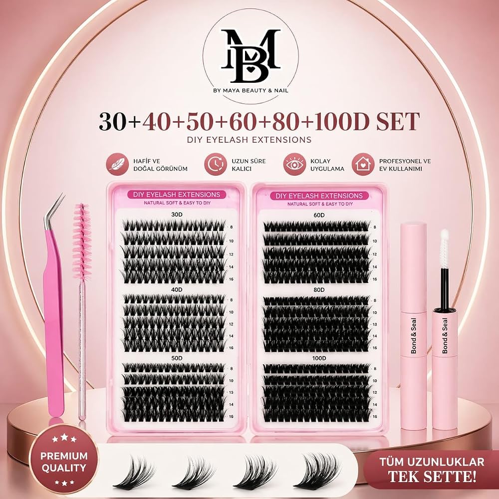 DIY Kirpik Uzatma Seti 30D+40D+50D+60D+80D+100D | Bond & Seal Dahil, Cımbız ve Fırça Dahil