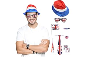 Ficlwigkis Union Jack Accessory Set: 8pcs with Union Jack Hat, Flags, Tie, Glasses, Party Horns, Bracelets, Ring, Stickers for King's Birthday, Royal Events, National Day