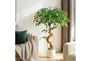 Keeplush Konstgjord växt Ficusträd 120 cm med vit kruka, konstgjorda växter stor som äkta med böjd trädstam och 930 blad, kon