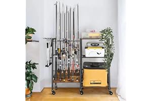 mosegor Fishing Rod Rack Rolling Fishing Rod Holder Fishing Gear Fishing Equipment Organizers Fishing Pole Tackle Cart Holds Up to 12 Rods for Garage Home Entryway Corner Indoor Garage Outdoor