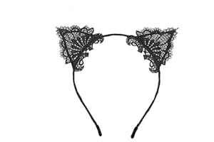 GLAMOUR GIRLZ Womens Fancy Dress Up Party Role Play Cosplay Costume Christmas Hen Do Halloween Deeley Bopper Headband Hairband Hair Alice Band Fabric Lace Cat Kitten Ears Black