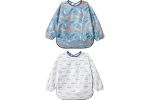 Little Dimsum 2Pcs Baberos Bebe Impermeables,Babero con Mangas Impermeable,Babero de Manga Larga con Escote Ajustable para Bebes Unisex 0-3 Años (Tabla de surf)