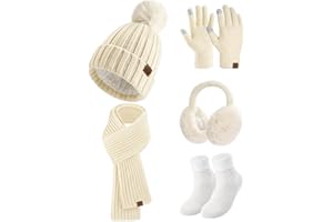 Xnova Hat and Scarf Set for Women Ladies 5Pcs, Winter Knitted Warm Beanie Hat Long Scarf Touch Screen Thermal Gloves Socks Plush Ear Warmers Sets Girls for Outdoors Ski with Gift Box