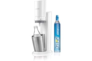 ‎SODASTREAM SodaStream Wassersprudler-Set Crystal - mit dem Glaskareffen Sprudler macht ohne schleppen aus Leitungswasser prickelndes Sprudelwasser (1x CO2-Zylinder 60L und 1x 0,6L Glaskaraffe), Premium-weiß
