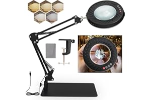 REALPLUS 10X Magnifying Glass with Light and Stand, 5-Colour Mode, Seamless Dimming, Adjustable Arm, 4.3” Genuine Glass Lens - Ideal LED Magnifying Lamp for Hobbies, Work, and Reading (USB Power)