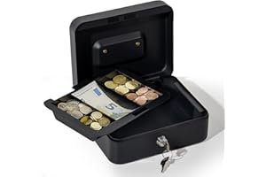 Theo&Cleo Caisse à monnaie verrouillable avec 5 compartiments (20 x 16 x 8,5 cm), caisse en acier pour billets et pièces de monnaie, petite boîte à monnaie avec clé pour bureau, maison (noir, 20 x 16